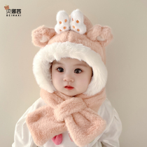 Baby hat autumn winter scarf integrated plush hat infant care ear boy girl warm and thickened adorable winter