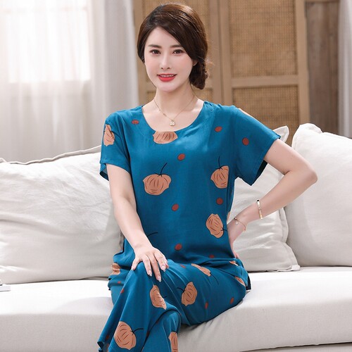 中老年夏季绵绸短袖睡衣女大码可外穿妈妈装棉绸套装家居服人造棉 - 图0