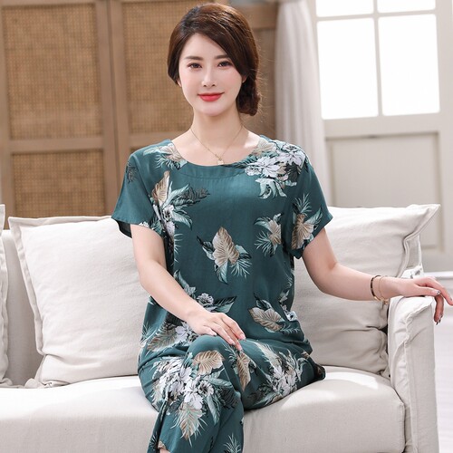 中老年夏季绵绸短袖睡衣女大码可外穿妈妈装棉绸套装家居服人造棉 - 图3