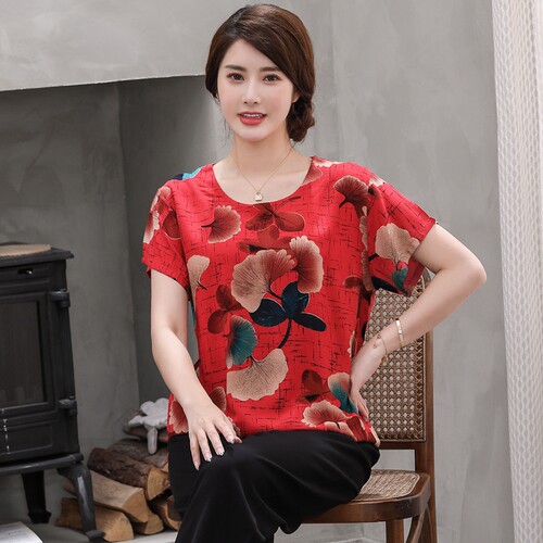 中老年夏季绵绸短袖睡衣女大码可外穿妈妈装棉绸套装家居服人造棉 - 图2