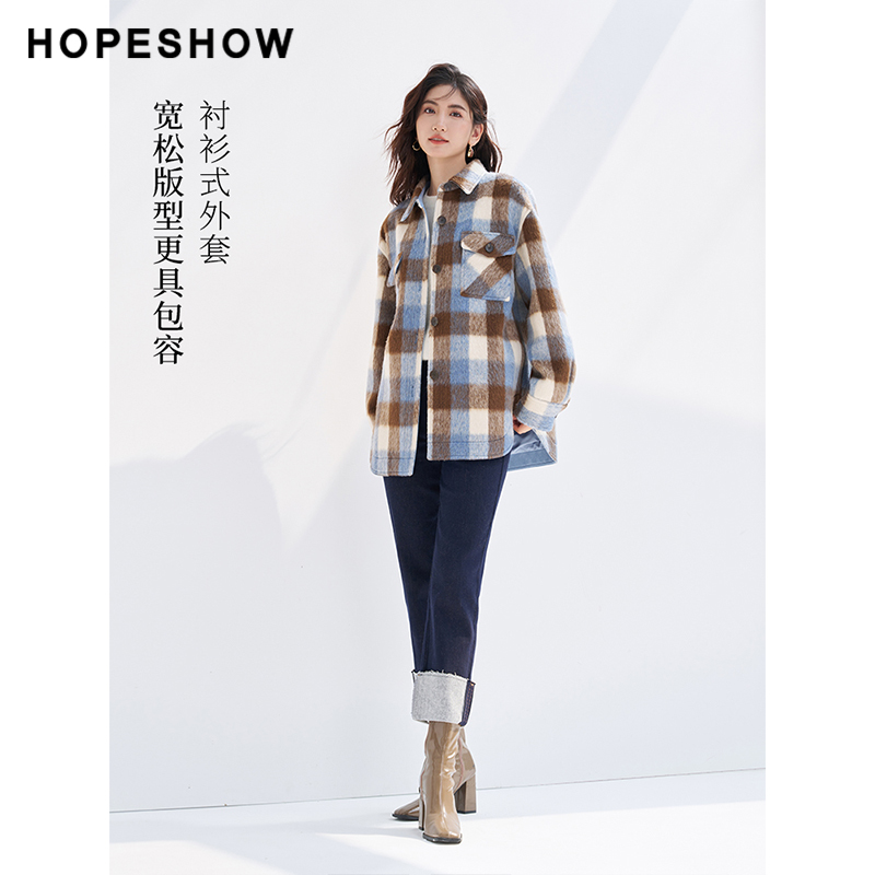 红袖outlets衬衫式长毛格纹外套hopeshow2023冬款复古休闲上衣女 - 图3