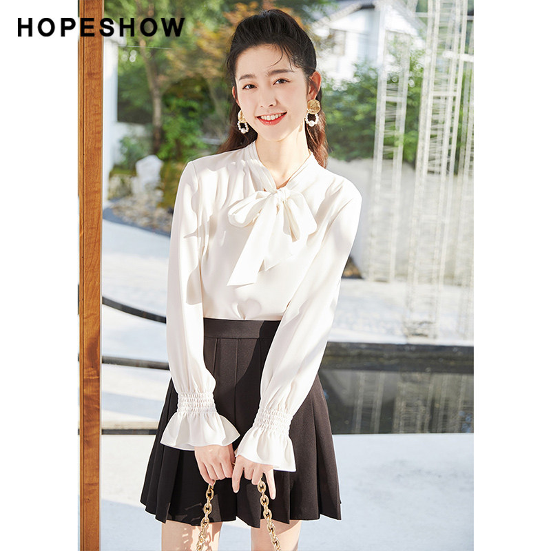 红袖outlets蝴蝶结喇叭袖秋白衬衫 红袖outlets店衬衫