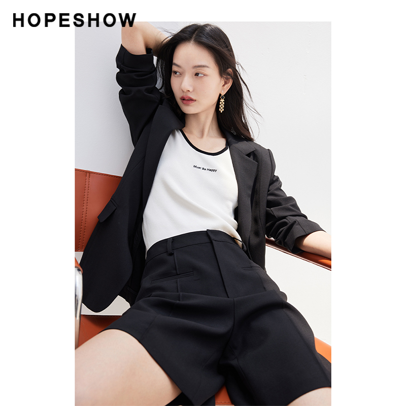 红袖outlets中高腰百慕中裤hopeshow2023秋装新款垂感设计休闲裤