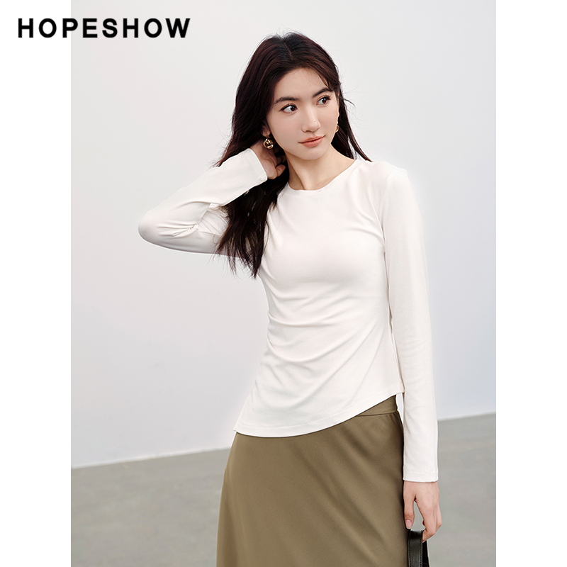 红袖不对称圆领纯色长袖hopeshow2024春季新款修身显瘦打底T恤女 - 图2