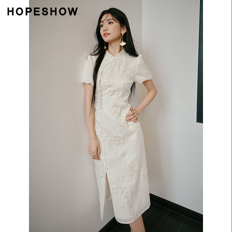 红袖设计感国风开叉套头连衣裙hopeshow2024夏新款泡泡袖立领裙子 - 图1