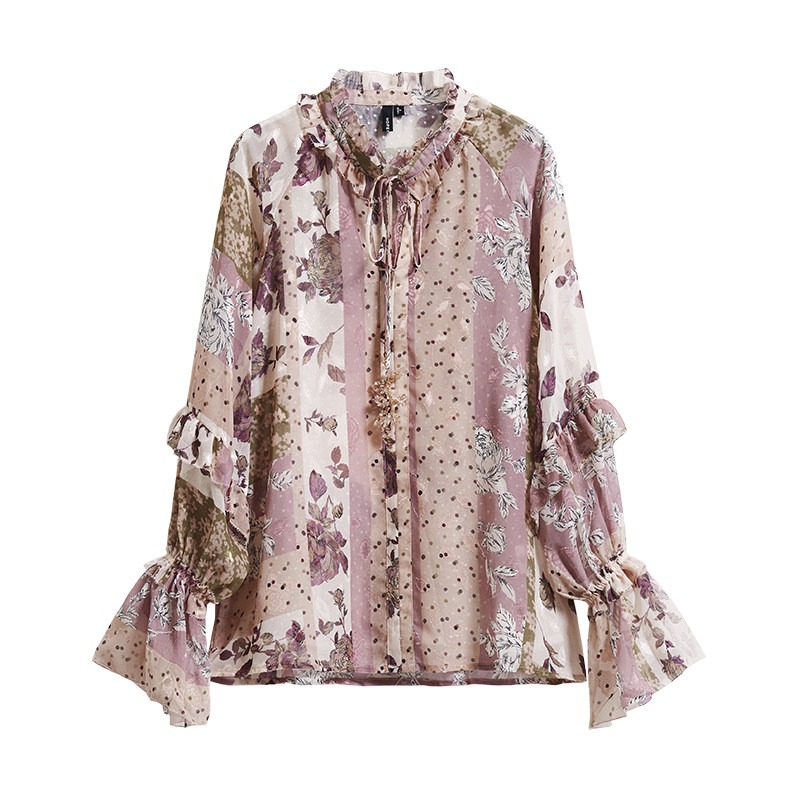 红袖outlets甜美木耳边系带衬衫 红袖outlets店蕾丝衫/雪纺衫