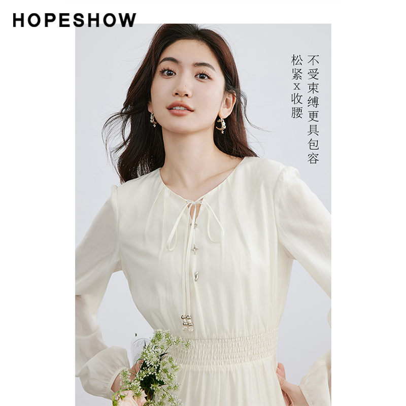 红袖圆领收腰系带套头连衣裙hopeshow2024春季新款气质温柔茶歇裙-图0