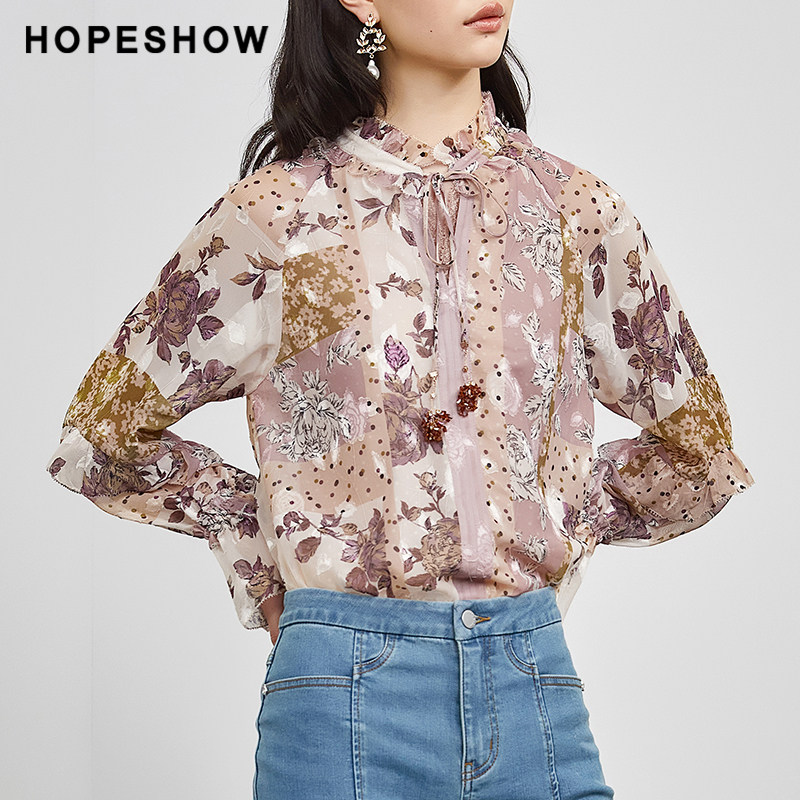 红袖outlets甜美木耳边系带衬衫 红袖outlets店蕾丝衫/雪纺衫