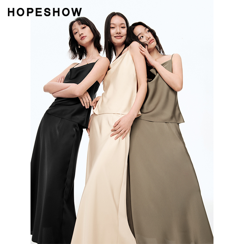 红袖老钱风H型缎面上衣女hopeshow2024夏季新款垂感显瘦内搭吊带 - 图1