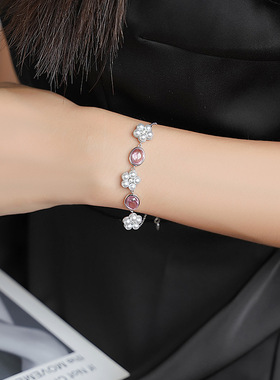 堤喜品牌纯银珍珠花瓣粉钻 轻奢气质时尚手链 高级感百搭款