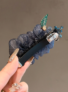 法式复古风蓝色立体花朵弹簧夹子优雅水钻半扎盘发夹精致轻奢边夹