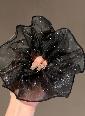 复古黑色欧根纱大肠发圈高级感满天星水钻发绳气质发饰耐用橡皮筋