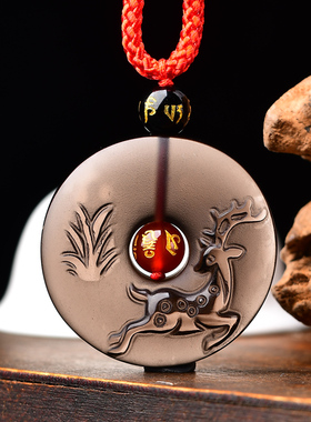 淘运开阁2025年属龙人鹿鹤献桃吉贵宏黑曜石吊坠生肖龙转运珠项链