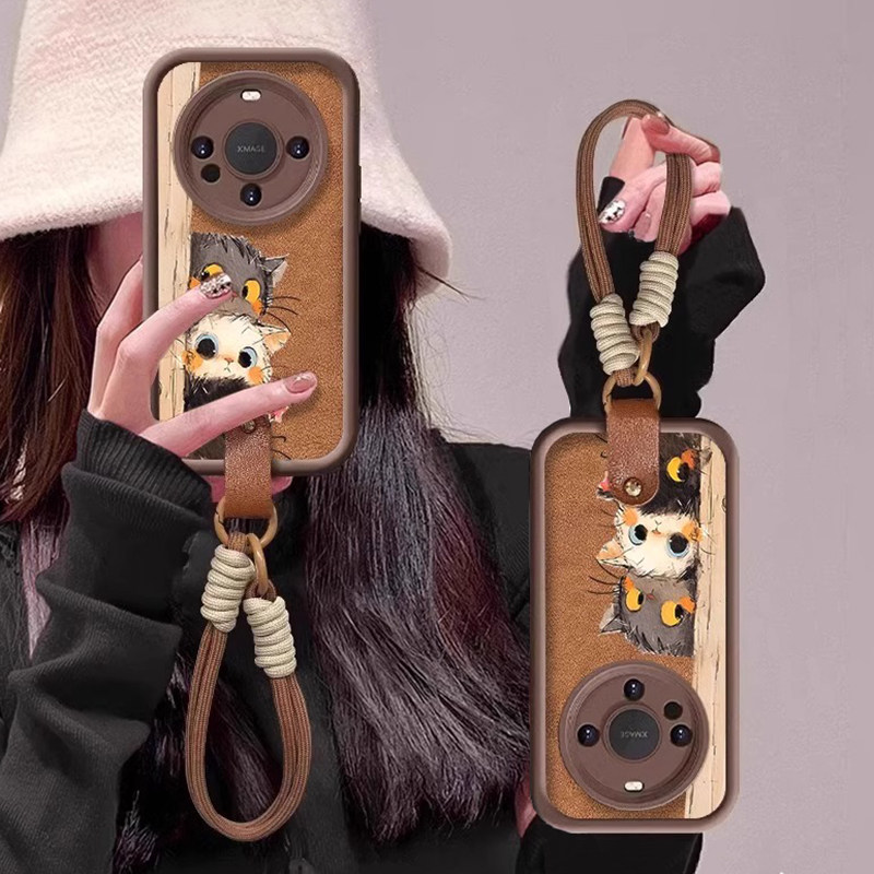 三只猫咪小羊皮带挂绳适用华为mate70pro手机壳新款mate60保护套mt40可爱全包防摔Mt50女高级感卡通M60秋冬潮 - 图0