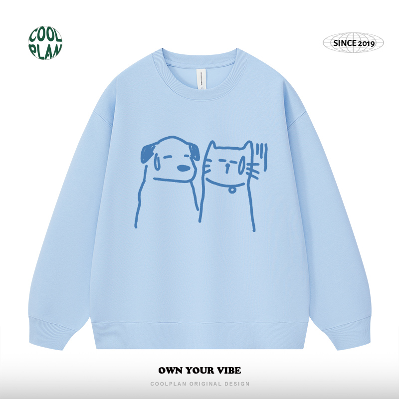 【有被无语到】创意手绘涂鸦卡通猫狗嘻哈情侣上衣厚圆领卫衣男女 - 图0