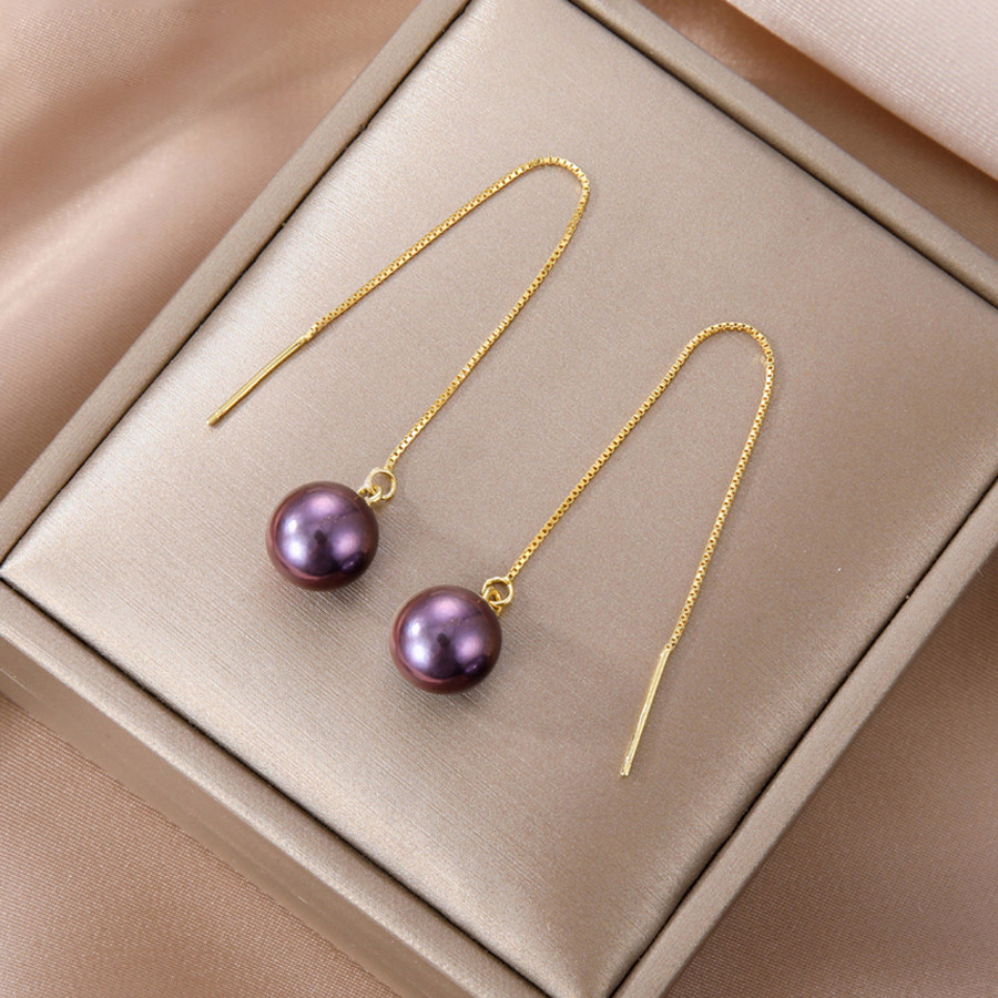 韩国气质纯银耳线10mm紫色流苏耳坠 多诗丽耳线