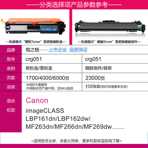 格之格适用佳能CRG051粉盒 LBP161dn/LBP162dw打印机 MF263dn墨粉盒 MF266dn/MF269dw激光碳粉盒 CRG051H粉盒 - 图0
