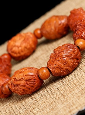 天然手工精雕桃木吐水龙手串木雕B刻霸气龙头文玩把玩手珠节日礼
