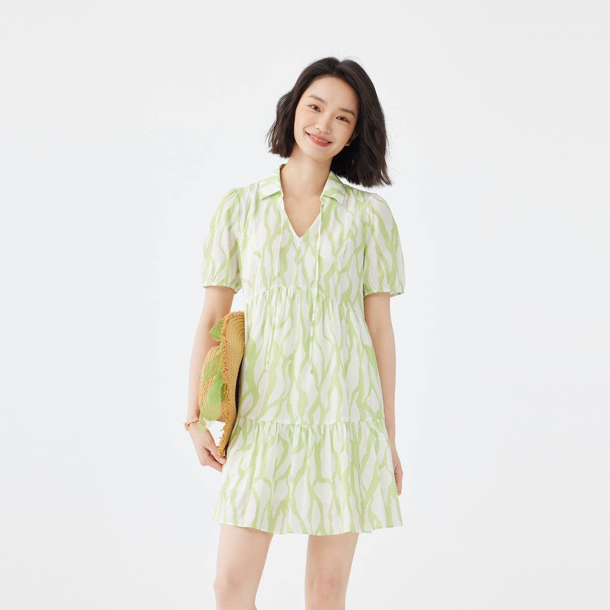 飞鸟和新酒薄荷曼波连衣裙女碎花2024夏季新款中长款短袖衬衫裙 - 图0