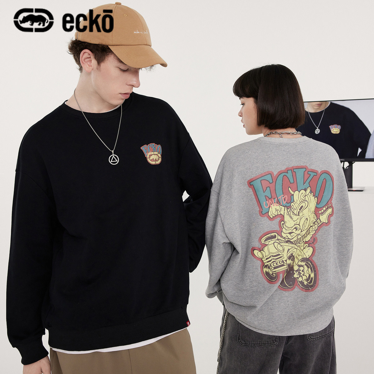 美国潮牌 Eckō 犀牛 情侣款 潮流印花圆领卫衣 双重优惠折后￥139包邮 18款可选