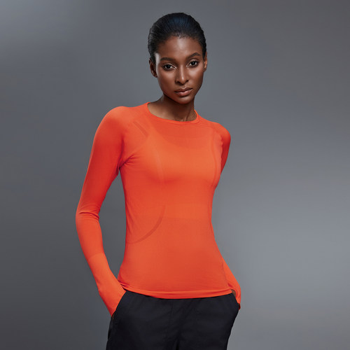 KUD中高端圆领t恤无缝长袖瑜伽服女修身健身房运动跑步上衣女 - 图3