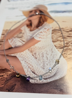 天然水晶黄水晶紫水晶托帕海蓝宝铜镀真金串珠原创设计项链46cm