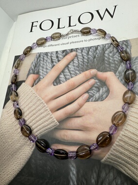 天然水晶茶晶紫水晶S925银手作小众原创毛衣链46cm