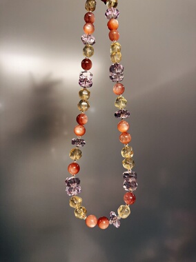 天然水晶紫水晶粉锂云母柠檬黄水晶菠萝珠S925银项链46cm