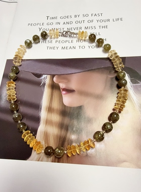 天然水晶黄水晶绿祖母晶白水晶S925纯银串珠原创设计项链46cm