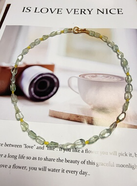 天然水晶魔鬼海蓝宝冰绿海蓝宝黄铜镀金串珠原创设计项链46cm