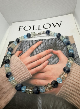 天然水晶绿水晶托帕蓝兔毛纯银串珠原创设计毛衣链项链46cm