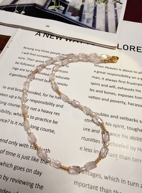 天然水晶拉丝紫锂辉珍珠黄铜镀金串珠原创设计项链46cm