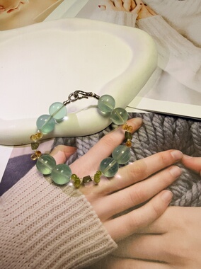 天然水晶萤石绿麟辉黄水晶橄榄S925纯银串珠手链