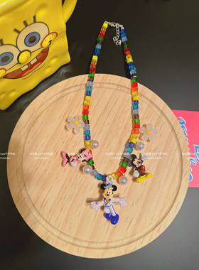 日韩手作米老鼠吊坠水晶项链可爱卡通礼服米妮拍照短款项链颈链女