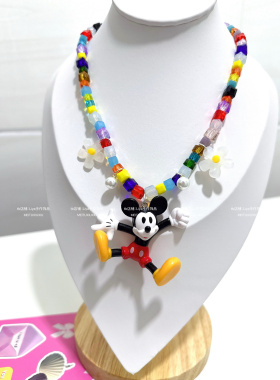 日韩美拉德咖色水晶彩色串珠项链胡迪士尼米奇米老鼠吊坠锁骨链女