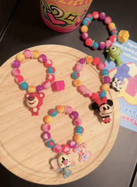 日韩卡通手工可爱彩色爱心串珠小飞象怪兽米奇草莓熊手链挂件新款