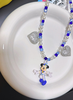 Liya手作正版中古礼服米奇小众个性蓝色水晶项链童趣卡通潮酷配饰