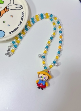 labubu项链卡通多巴胺彩色串珠项链可爱饰品短款锁骨链首饰拉布布