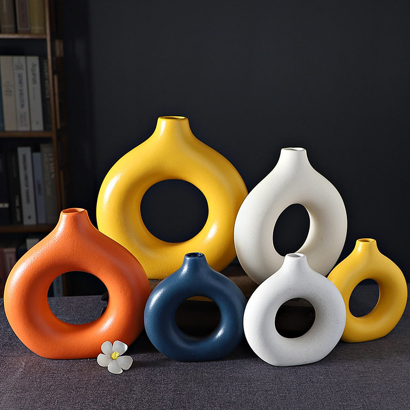 北欧ins风甜甜圈陶瓷花瓶素烧民宿酒店客厅装饰品摆件插干花鲜花,淘宝优惠券,粉丝福利购,淘宝优惠卷