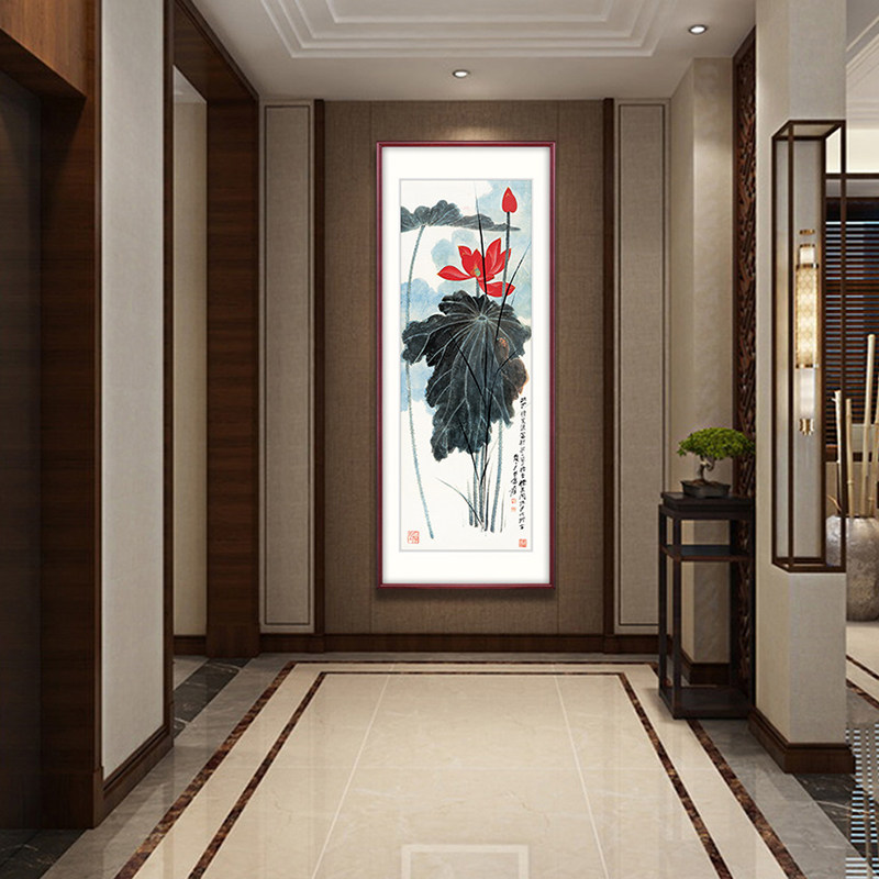 奕境新中式玄关装饰画走廊过道挂画竖版国画荷花写意张大千红荷_虎窝淘