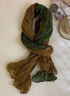 Vintage Cotton Linen Patchwork Scarf Women Pleated Scarf Lo