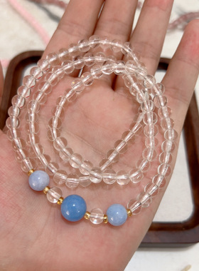 新款仿海蓝宝白水晶叠戴手链小众设计气质感手串三圈项链礼物