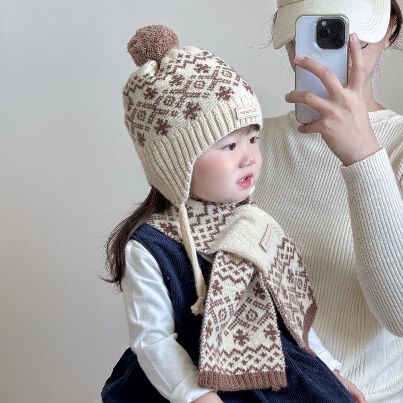 宝宝帽子围巾套装秋冬季雪花毛球儿童保暖毛线帽户外婴儿护耳帽子,淘宝优惠券,粉丝福利购,淘宝优惠卷