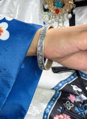 海棠眠足银手工开口复古文艺手镯