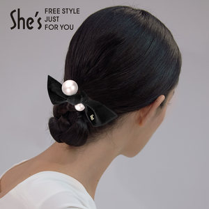 shes茜子复古丝绒工艺珍珠蝴蝶结布艺发圈发绳皮筋马尾弹力头绳女