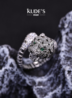 复古轻奢豹头满钻银戒指女