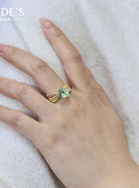 KUDE'S库迪家3.4ct培育沙弗莱绿宝石水滴形戒指女交叉线条Z0009R