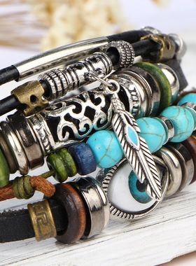 五层串珠蓝色眼睛牛皮手链民族风