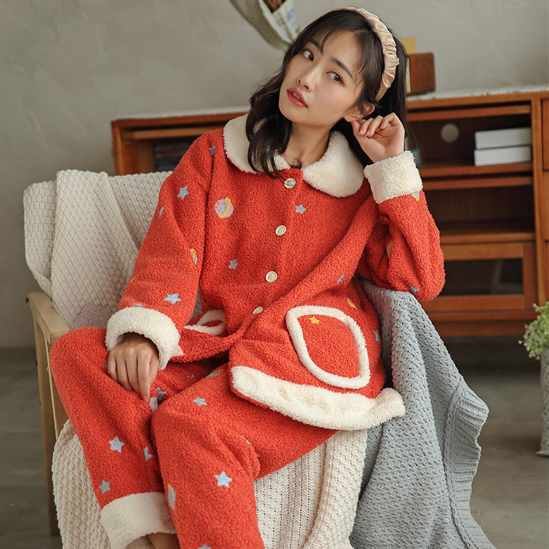 秋冬红色星球刺绣结婚棉珊瑚绒睡衣 木苍子睡衣/家居服套装