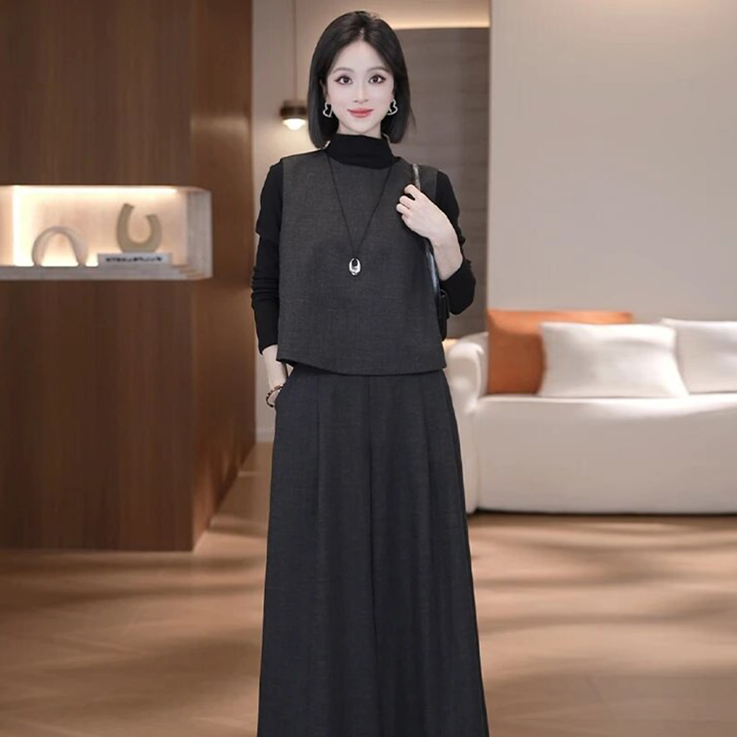 春秋季新款内搭马甲阔腿裤三件套女时尚洋气质韩版高级感职业套装,淘宝优惠券,粉丝福利购,淘宝优惠卷